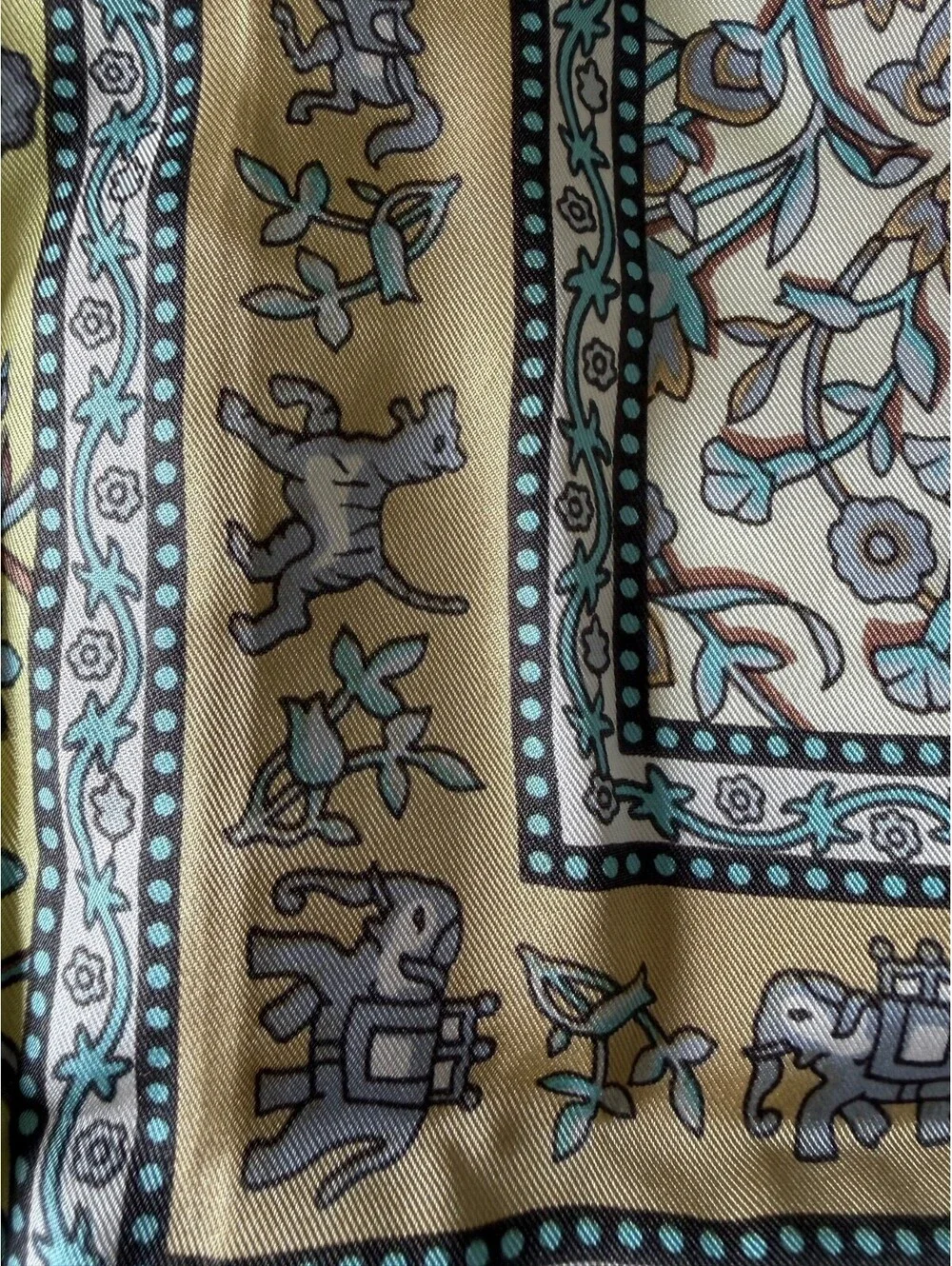 Lui Chantant Silk Scarf Vintage Animal Floral Print Elephant Tiger Yellow 33